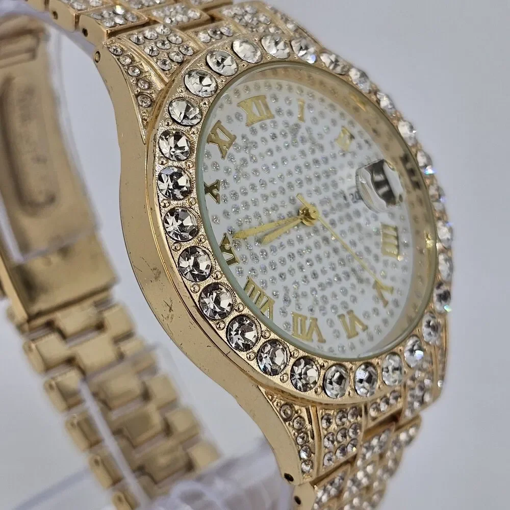 Unisex Watch 42MM Crystal Bling Gold Case Gold Band Date 7.5